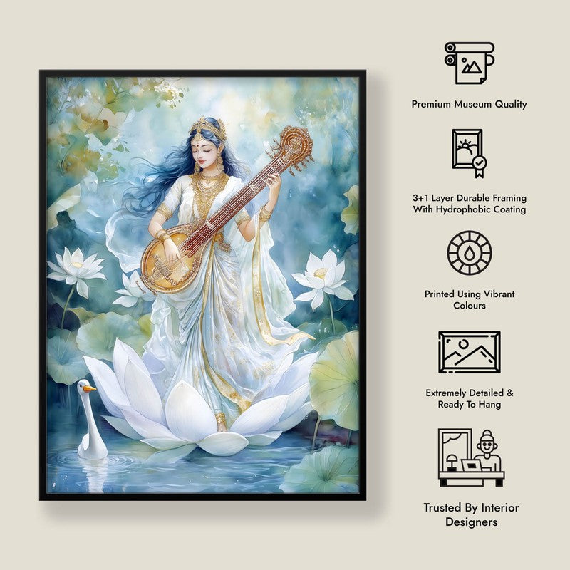 Veena Vaadhini Spiritual Archival Paper Wall Painting With Frame - Black media 8