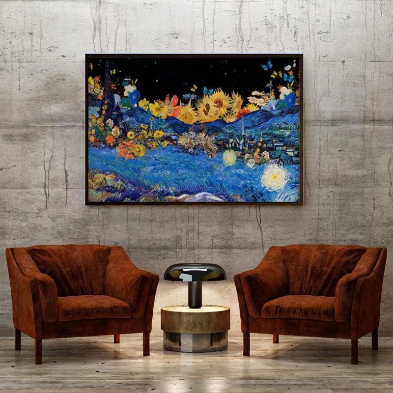 Sunflower Garden & Starry Night Remix By Vincent Van Gogh - Black Frame media 4