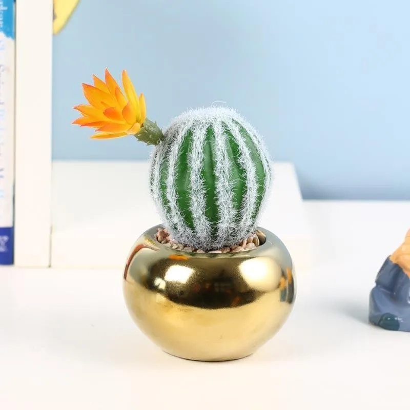 Faux Stripe Cacti In Round Ceramic Pot - 17 cms media 1