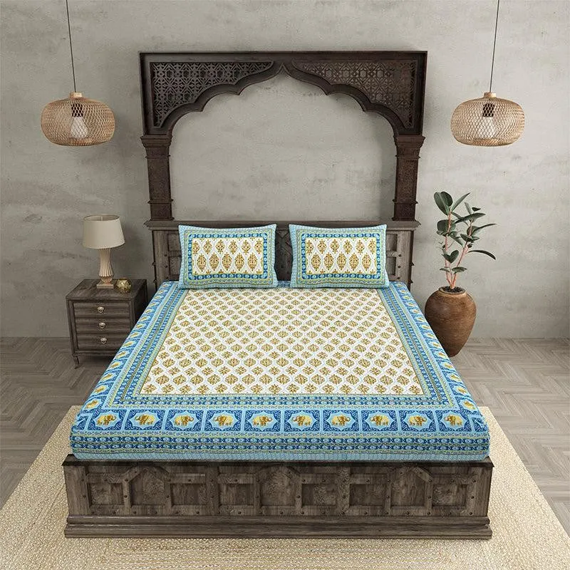 Mahat Ethnic Cotton Bedsheet (Blue,Yellow) - 180 TC media 3