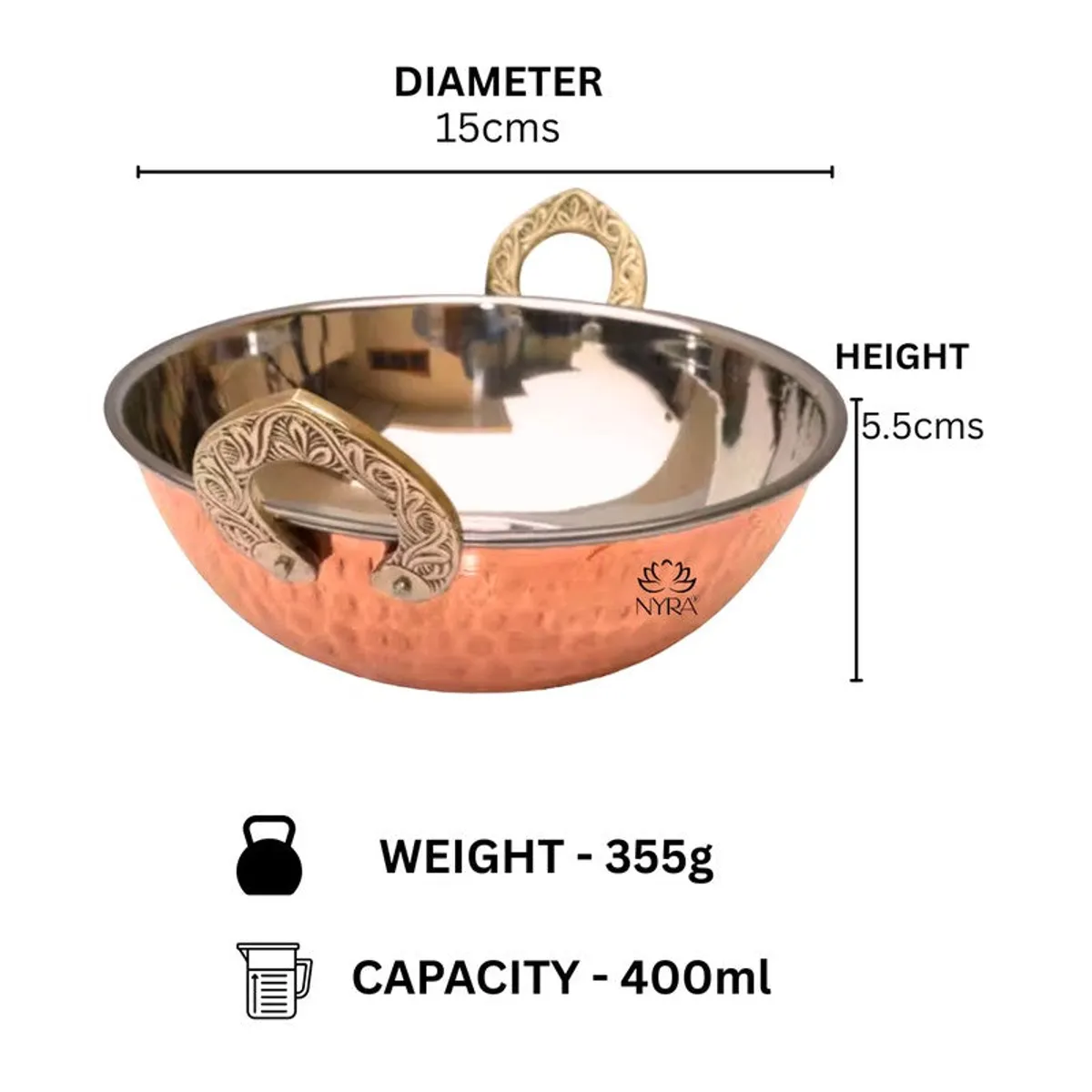 Copper kadhai shown with visible 15 cm diameter and 400 mL capacity
