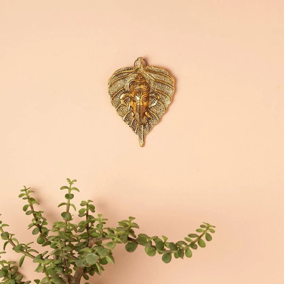 Gold Ganesha wall piece mounted on a peach wall above a plant