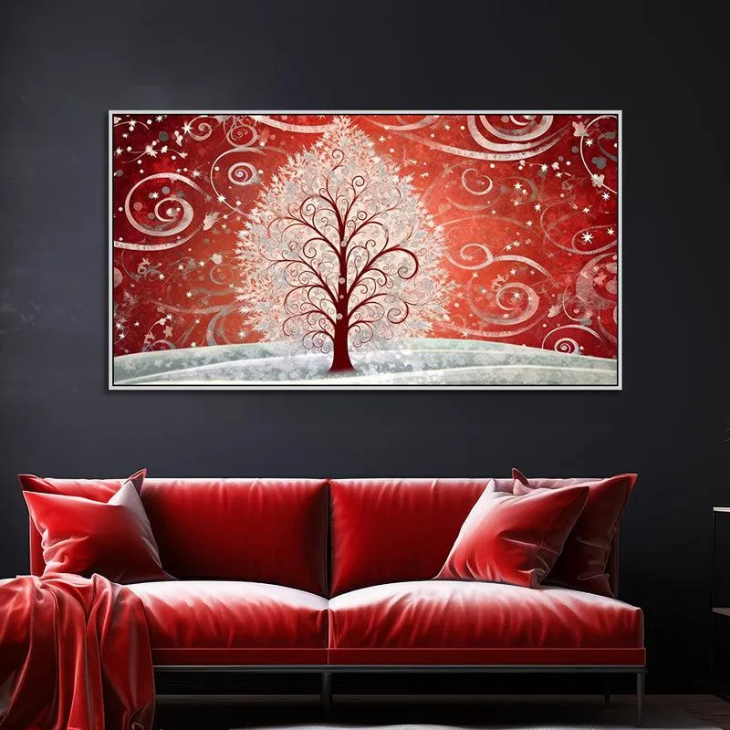 Crimson Snow Swirls Floral Canvas Wall Painting With Frame - White media 1