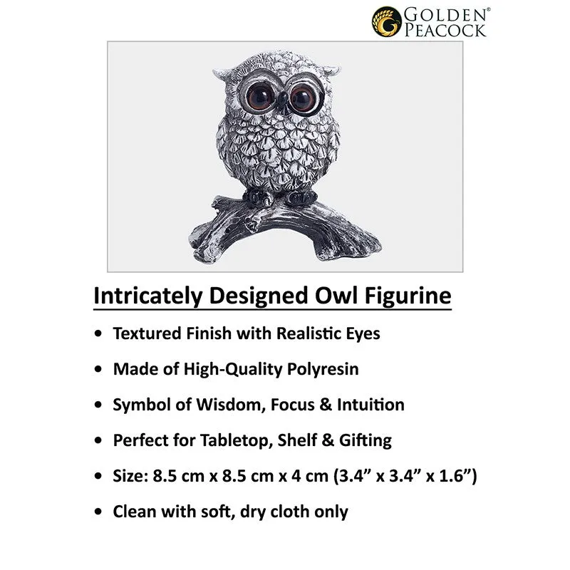 Owl figurine shown in a framed product layout with feature text