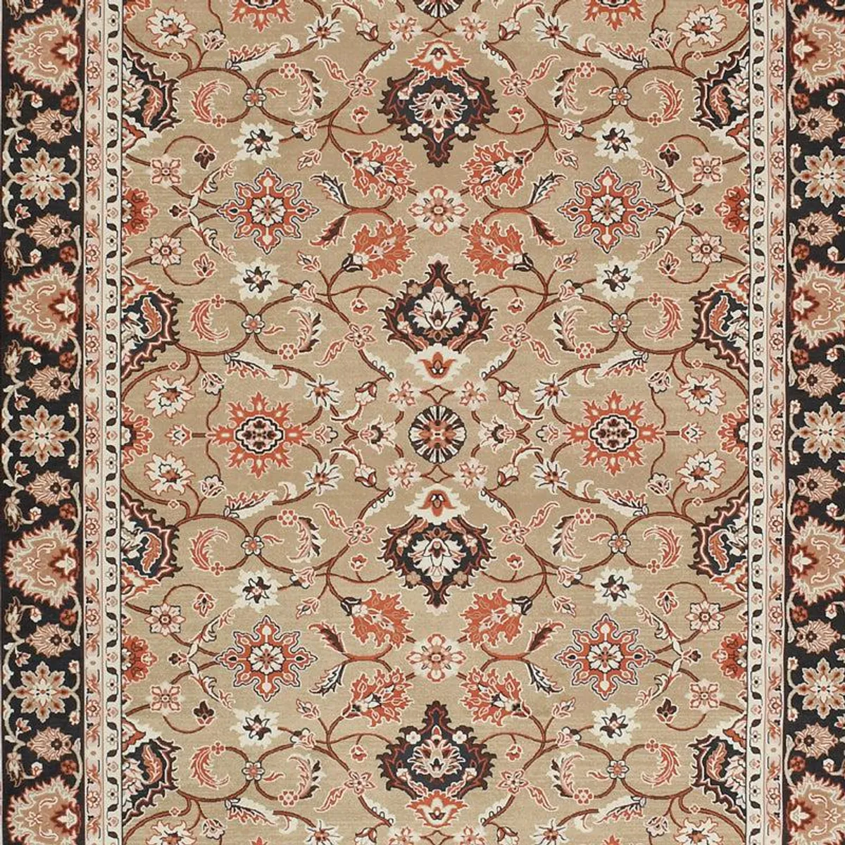 Detailed view of the carpet's central floral and vine pattern in beige, rust and black