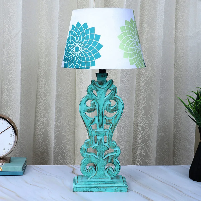 Akari Deco Printed Mango Wood Table Lamp - Blue,White media 2