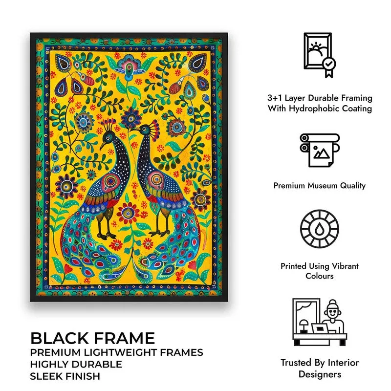 Colorful Peacock Folk Art Canvas Wall Painting With Black Frame media 11