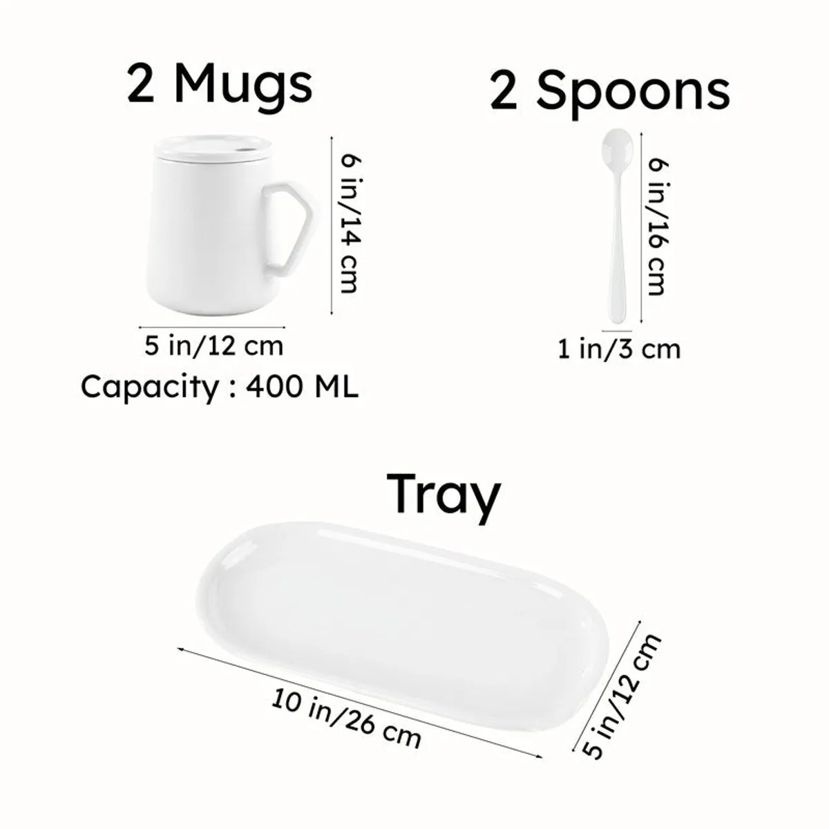 Illustrated dimensions for two mugs, two spoons and one tray