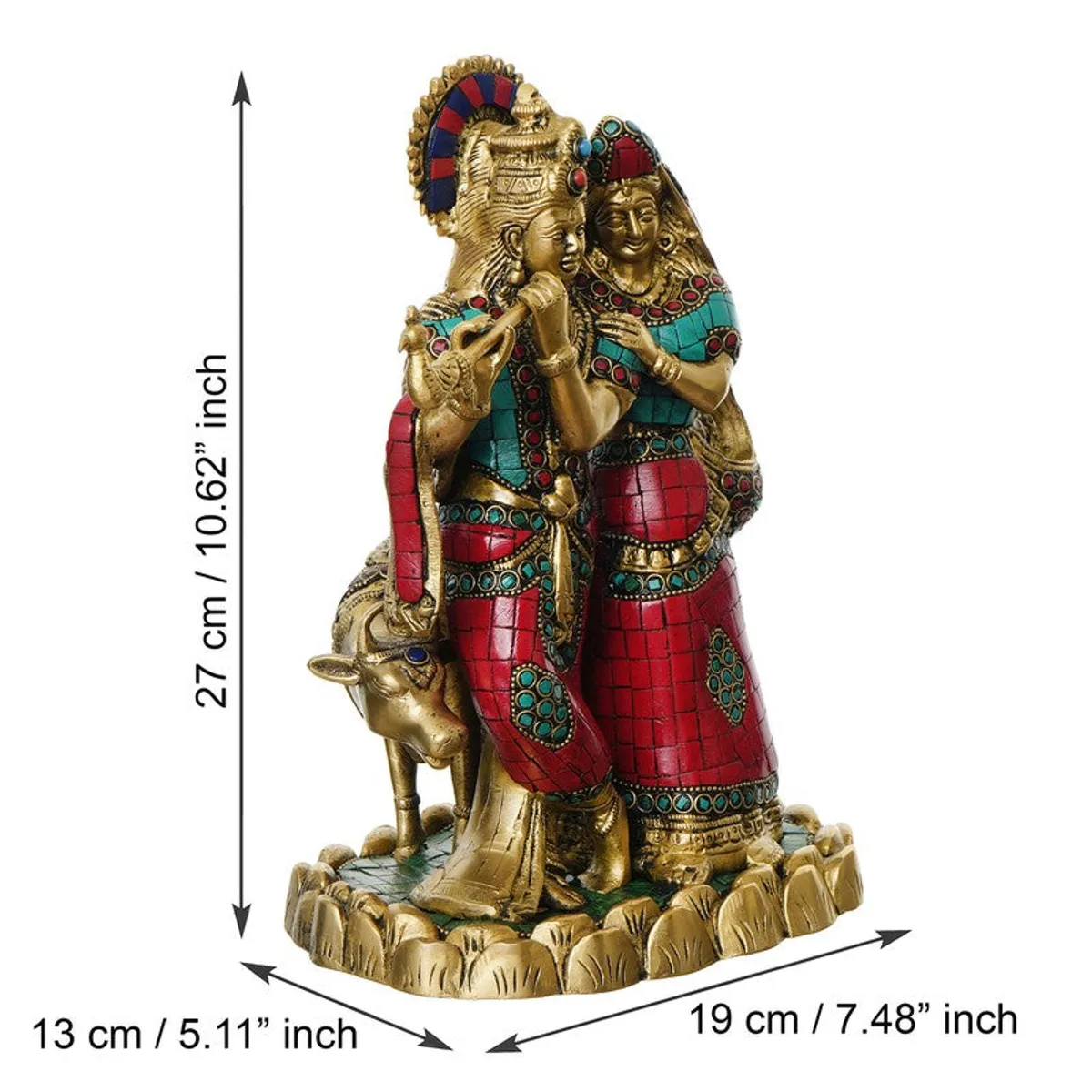 Krishna and Radha brass idol with visible height, width and depth markers