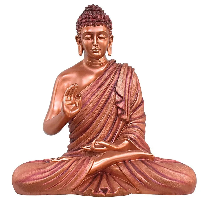 Front view of seated Buddha marble idol in copper finish