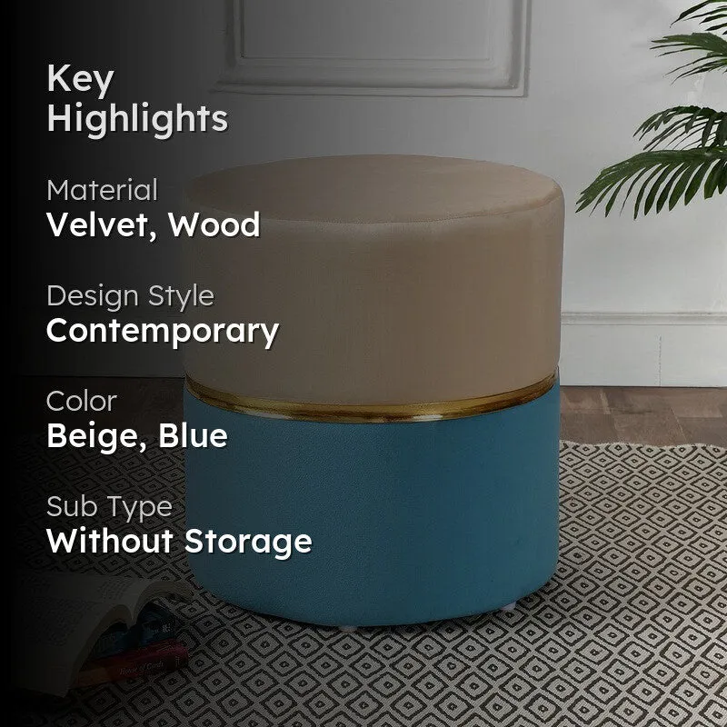 Dualtone Solid Velvet Pouffe - Beige & Blue media 2