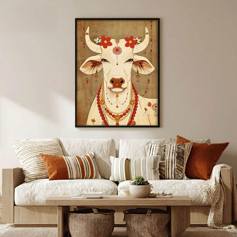 Sacred Cow Folk Art Canvas Wall Painting With Black Frame