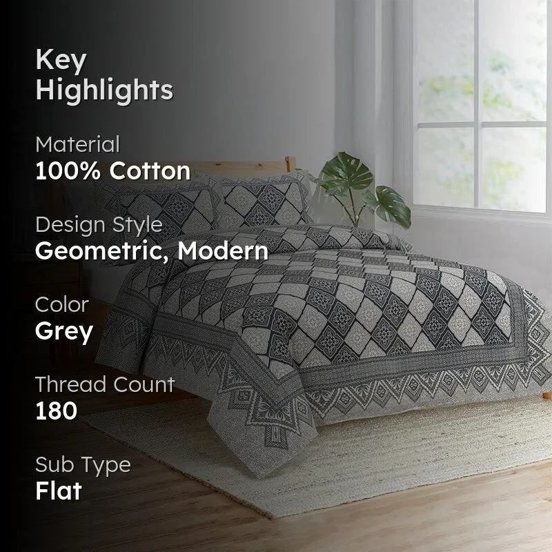 Shadh Geomatric Cotton Bedsheet (Grey) - 180 TC media 2
