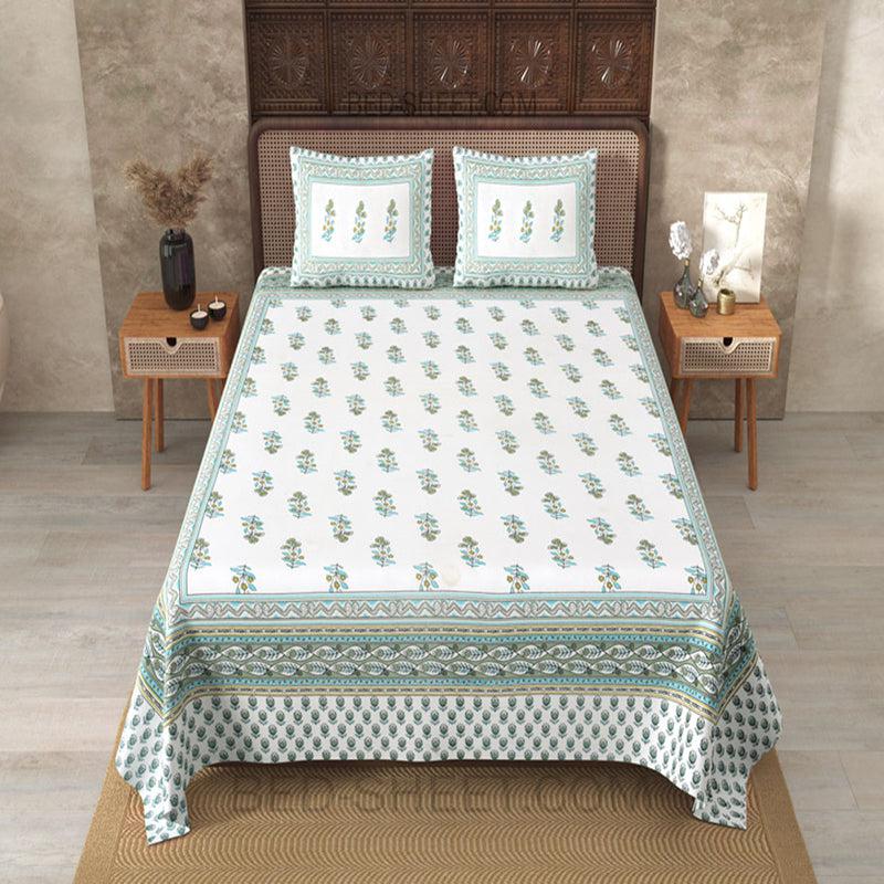 Vira Ethnic Cotton Bedsheet (White,Green) - 180 TC media 3
