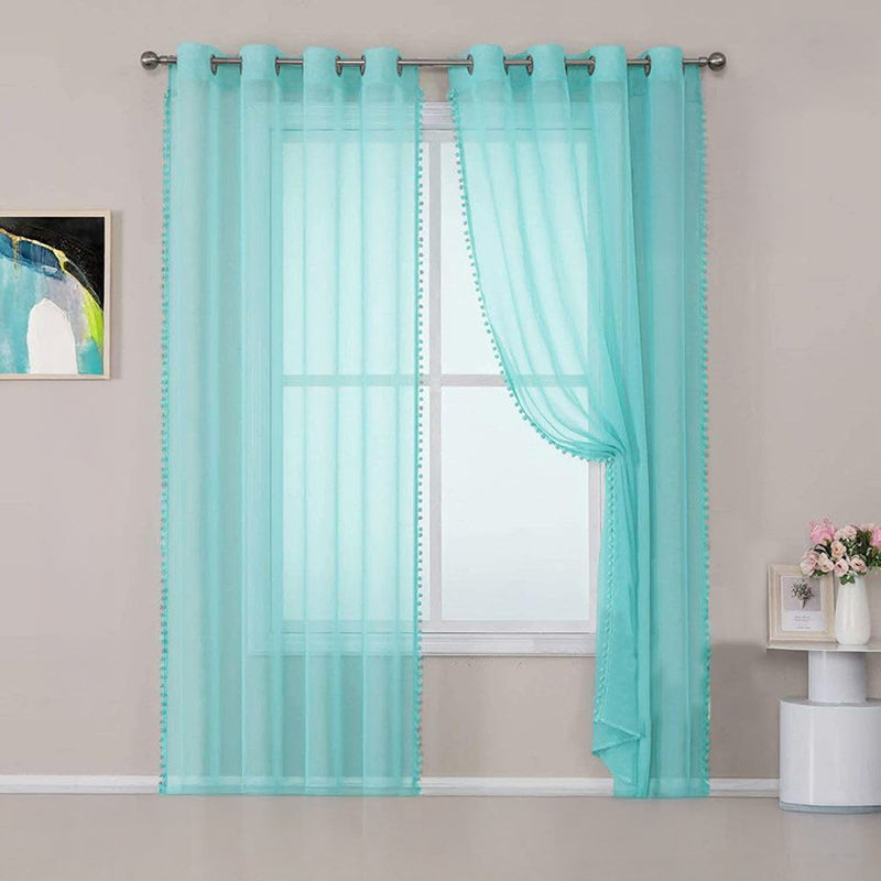 Urban Space Curtain With Pom Pom (Aqua Blue) - Set Of Two media 2