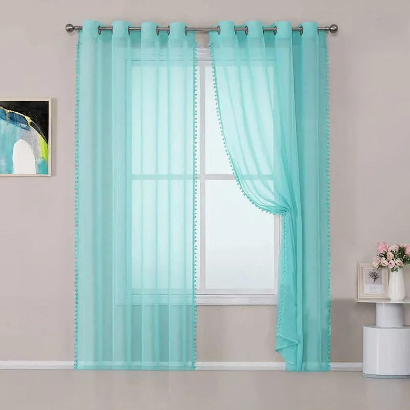 Urban Space Curtain With Pom Pom (Aqua Blue) - Set Of Two media 2