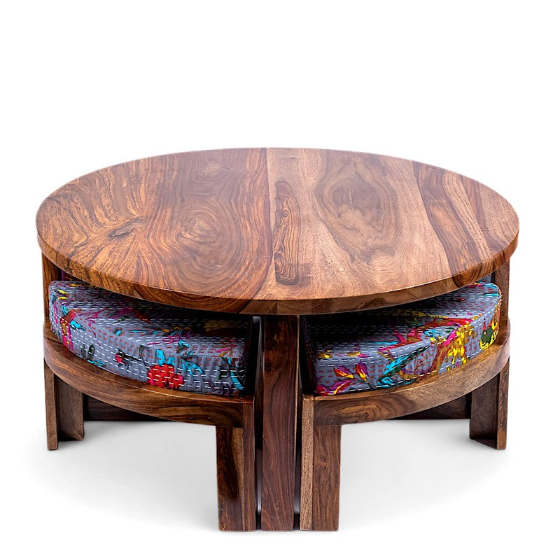 Hervon Sheesham Wooden Center Table with Stools and Cushions (Brown) - Nine Piece Set media 3