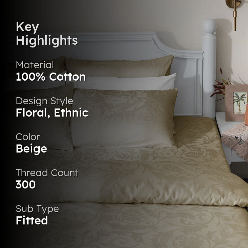 Bloom Bold Fitted Jacquard Cotton Bedsheet (Beige) - 300 TC media 2