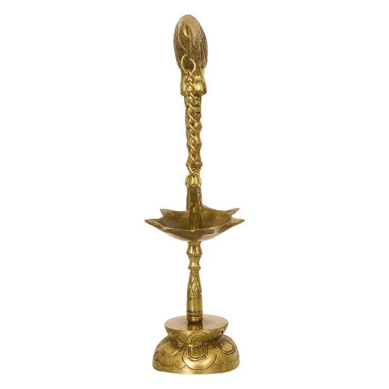 Back view of the gold parrot perch diya showing its hanging bowl and ornate base.