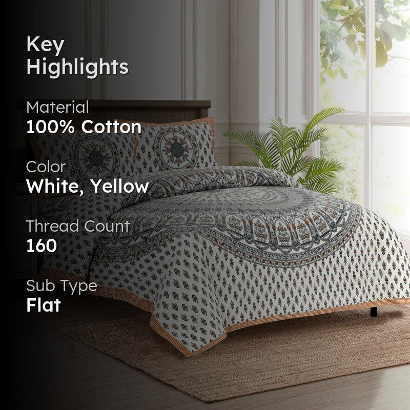 Navika Ethnic Cotton Flat Bedsheet (White & Yellow) - 160 TC media 2