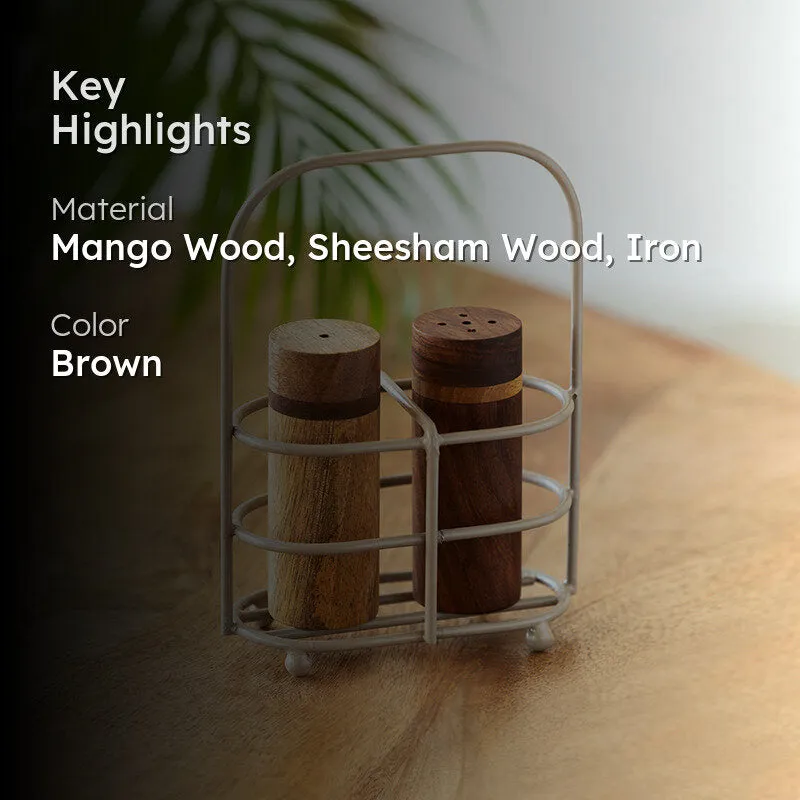 Salero Wood Salt & Pepper Shaker With Iron Holder (45 mL) - Three Piece Set media 2