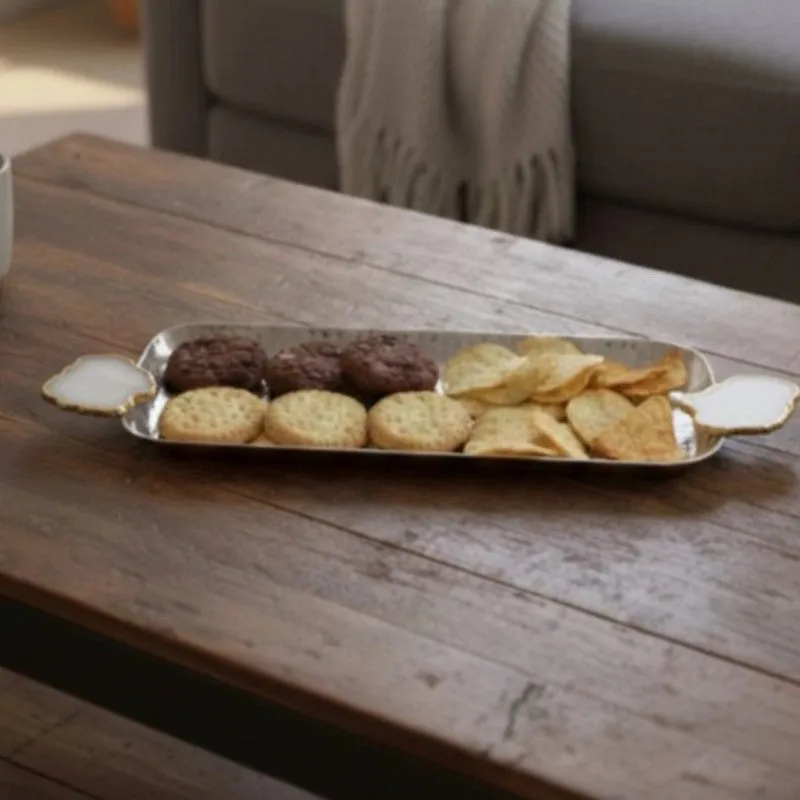 Aurora Edge Hammered (Metal,Agate) Rectangle Platter - Gold & White media 7