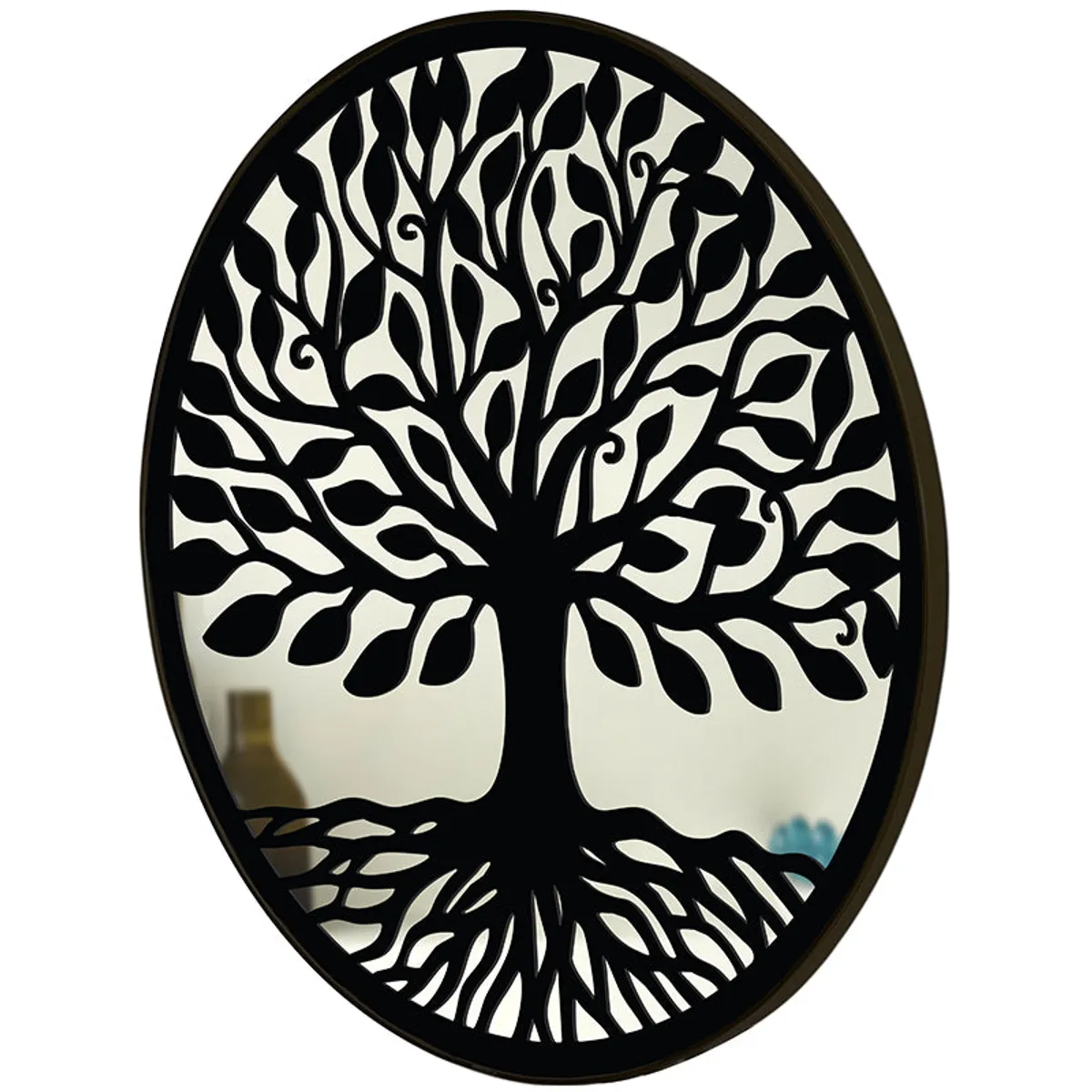 Angled view of round black decorative wall mirror with tree motif