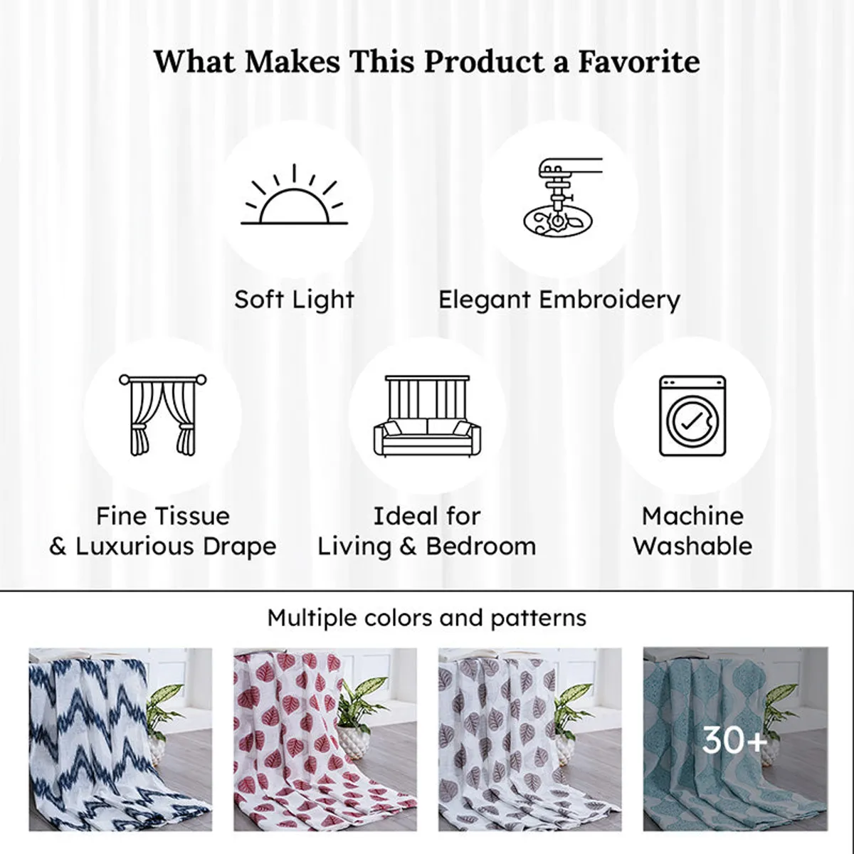 Product information graphic shown over a white curtain background.