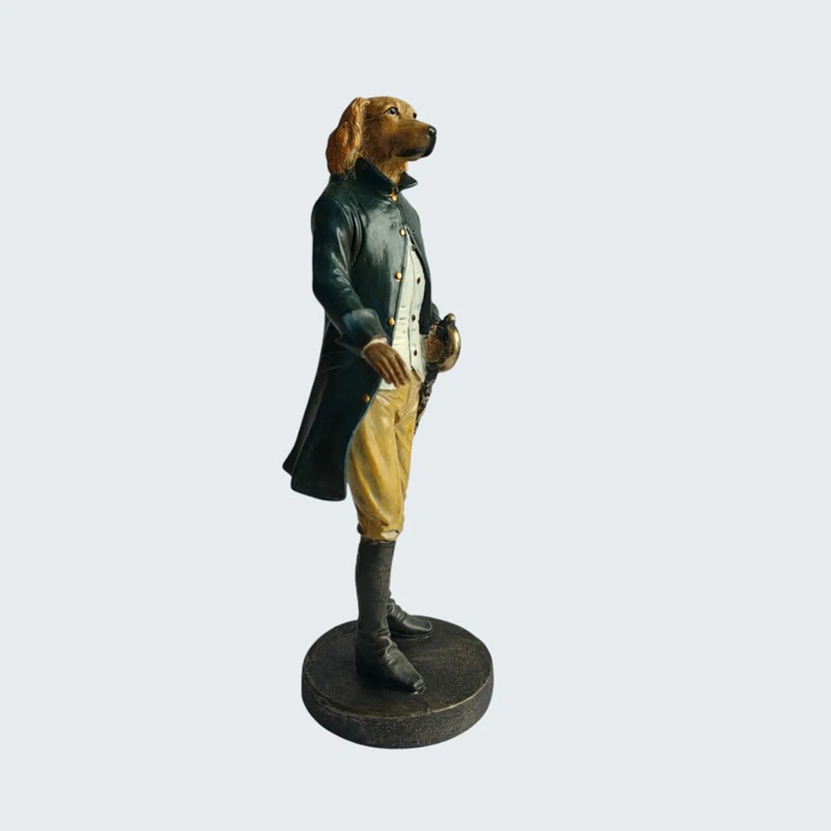 Side view of the dog showpiece wearing a long coat and boots