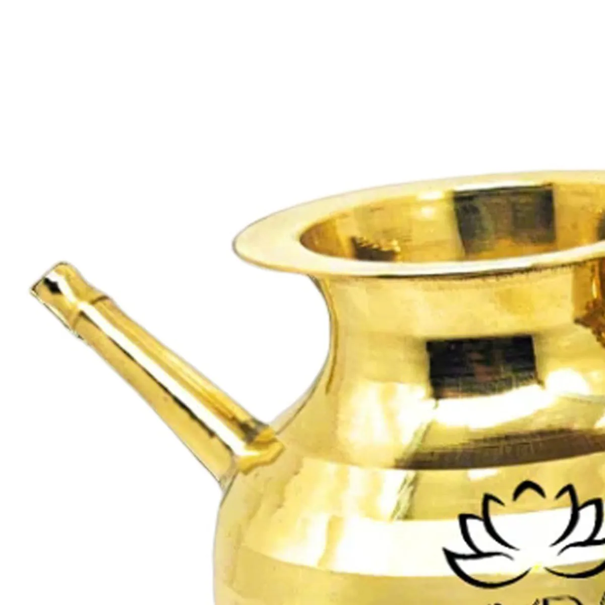 Close-up of the brass kalasa's side spout, rim and reflective finish