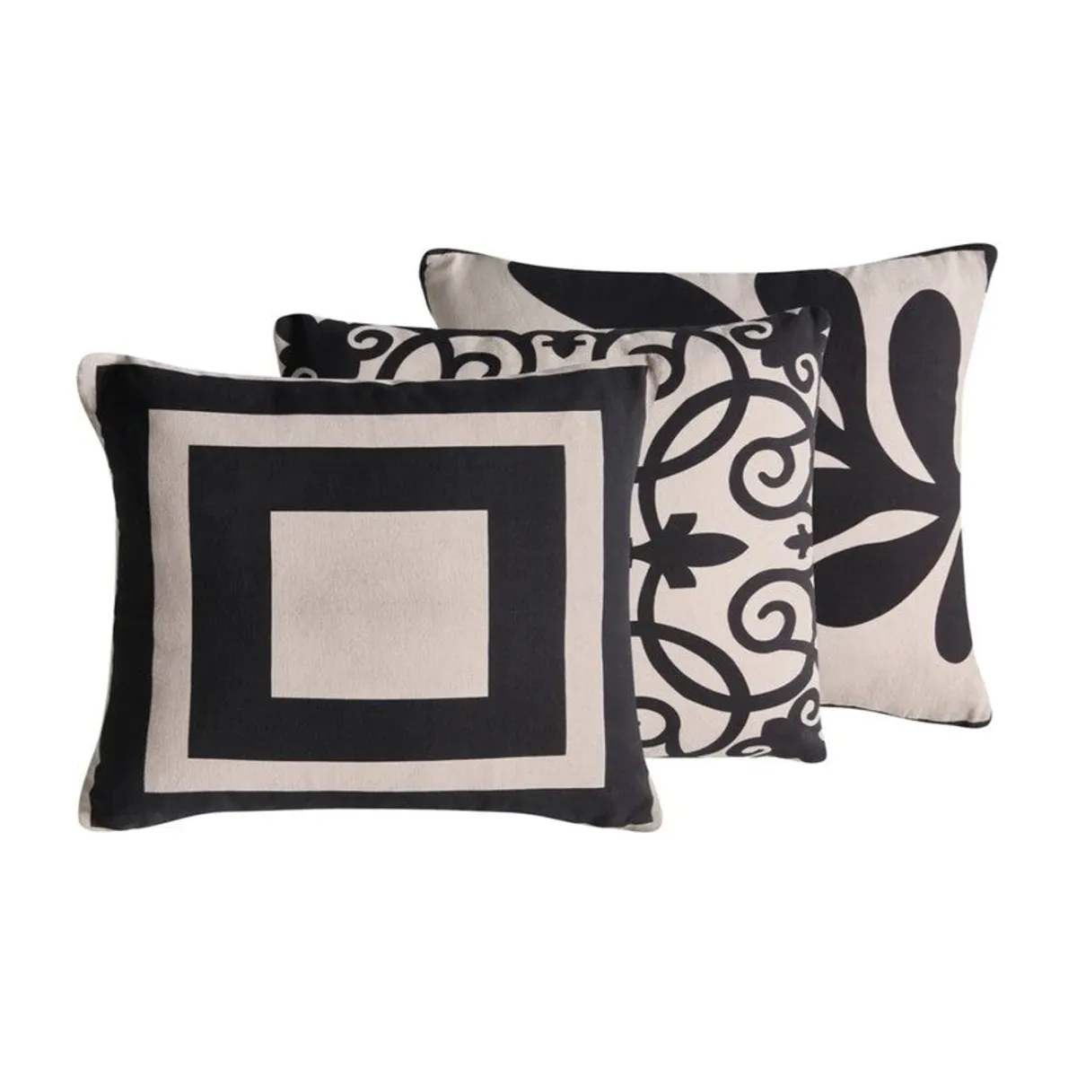 Three square black and off-white patterned cushion covers on a white background