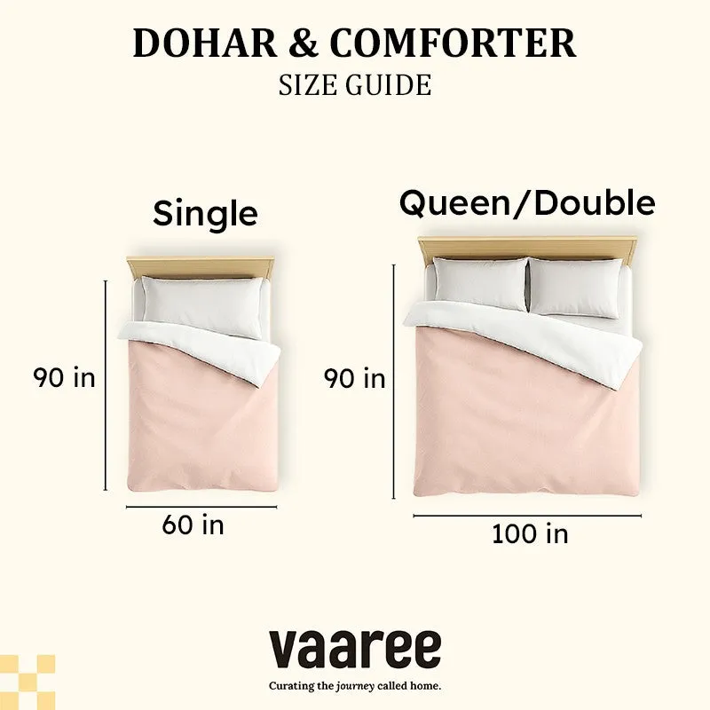 Dohar and comforter size guide showing Single and Queen/Double beds