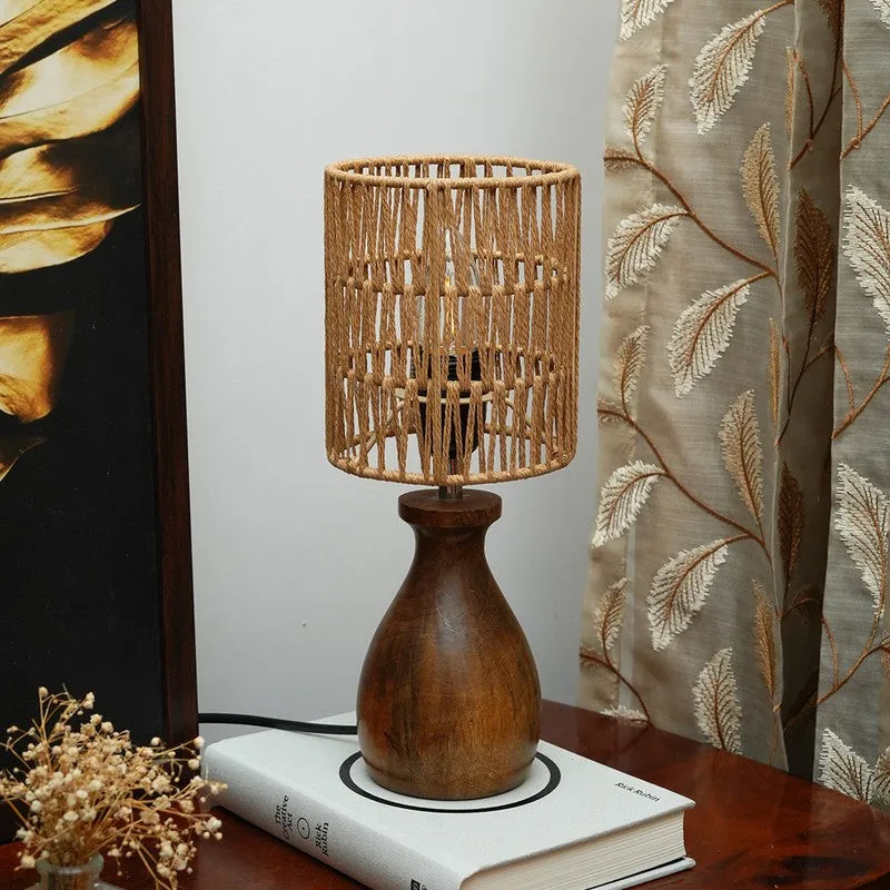Canetra Amber Wooden Base Cotton Table Lamp - Beige,Brown media 3