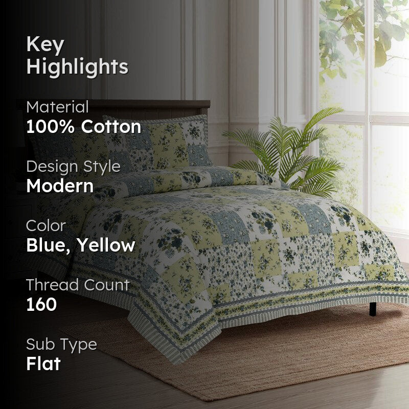 Buola Floral Cotton Bedsheet (Blue,Yellow) - 160 TC media 2