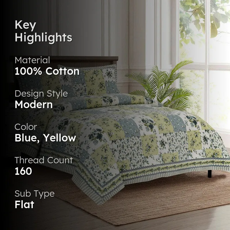 Buola Floral Cotton Bedsheet (Blue,Yellow) - 160 TC media 2