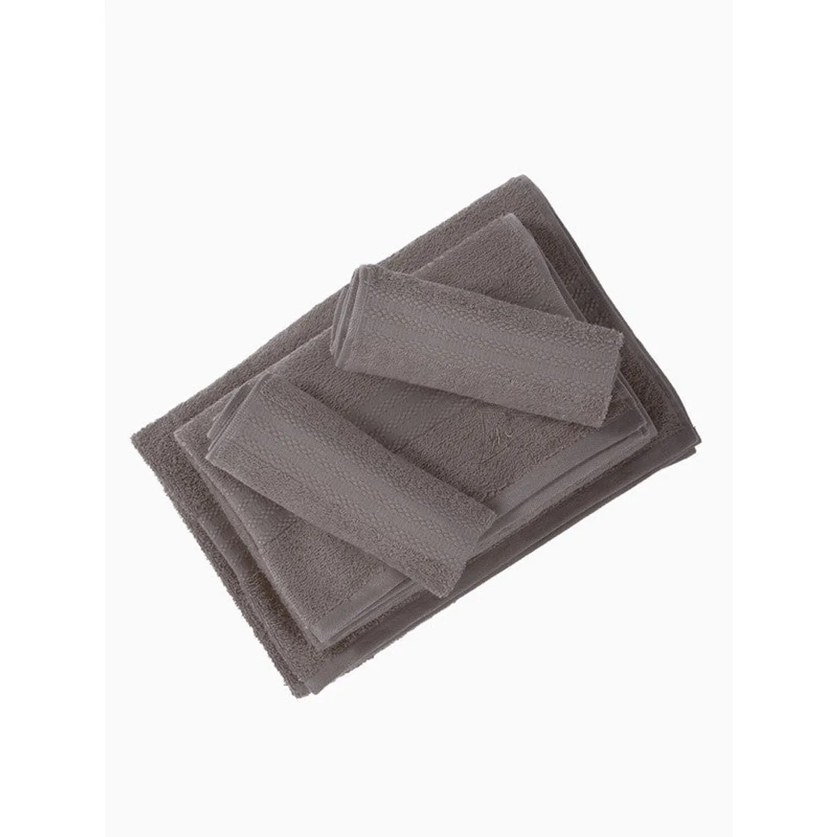 Grey towels laid flat and folded on a white background