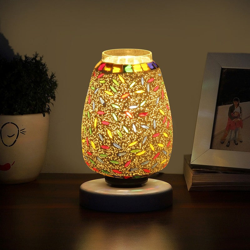 Glanex Glass Table Lamp With Wooden Base - Multicolor