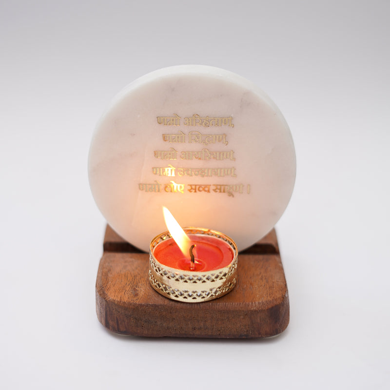 Namokar Mantra Marble Religious Accent With Tealight Candle Holder