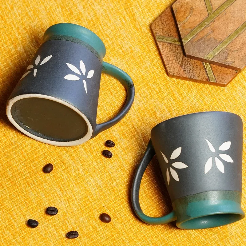 Ceramic Ceramic Coffee Mug (270 mL Each,Green,Black) - Set Of Two media 3