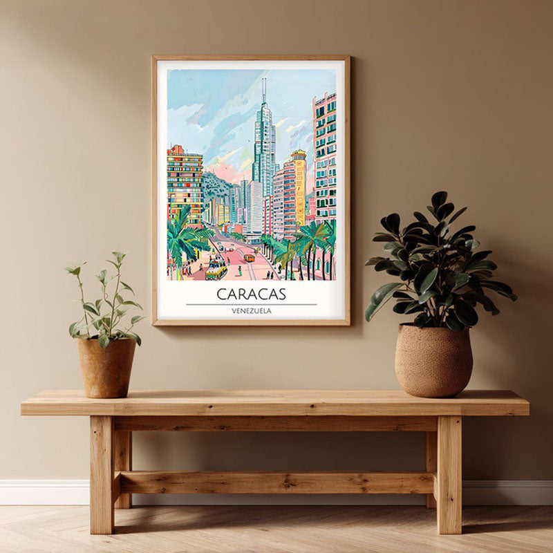 Vintage Caracas Framed Canvas Archival Canvas Wall Painting - Natural Brown Frame