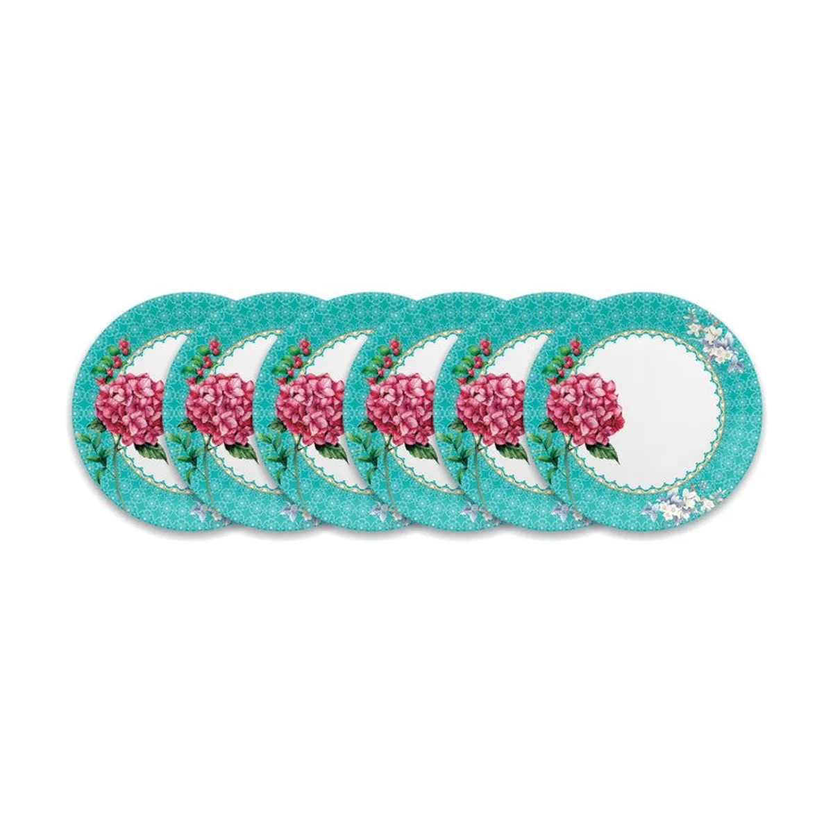 Six turquoise floral plates arranged in a row on a white background