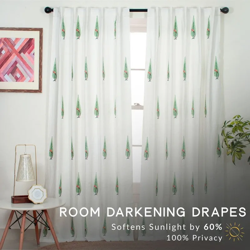 Coral Leafy Escape Cotton Room Darkening Curtains with tropical leaf print, panel view