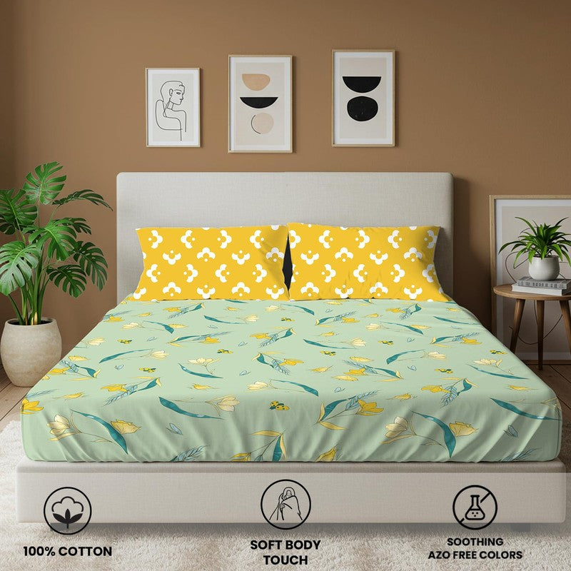 Lime Sunshine Floral Cotton Bedsheets (Green & Yellow) - 144 TC media 4
