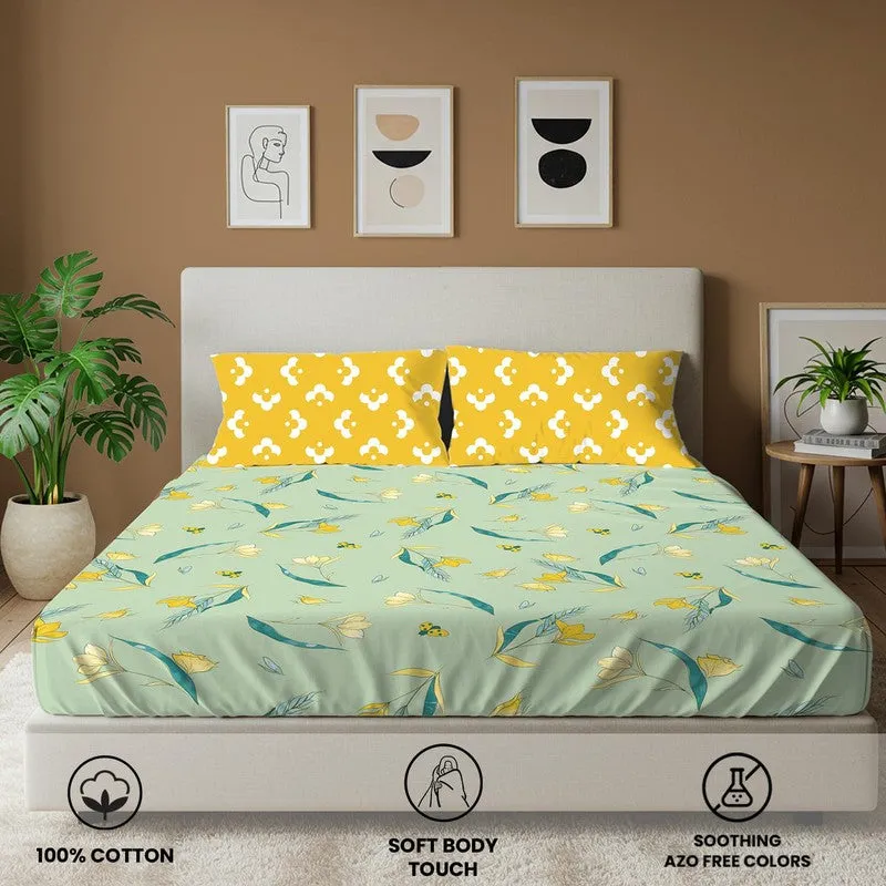 Lime Sunshine Floral Cotton Bedsheets (Green & Yellow) - 144 TC media 4