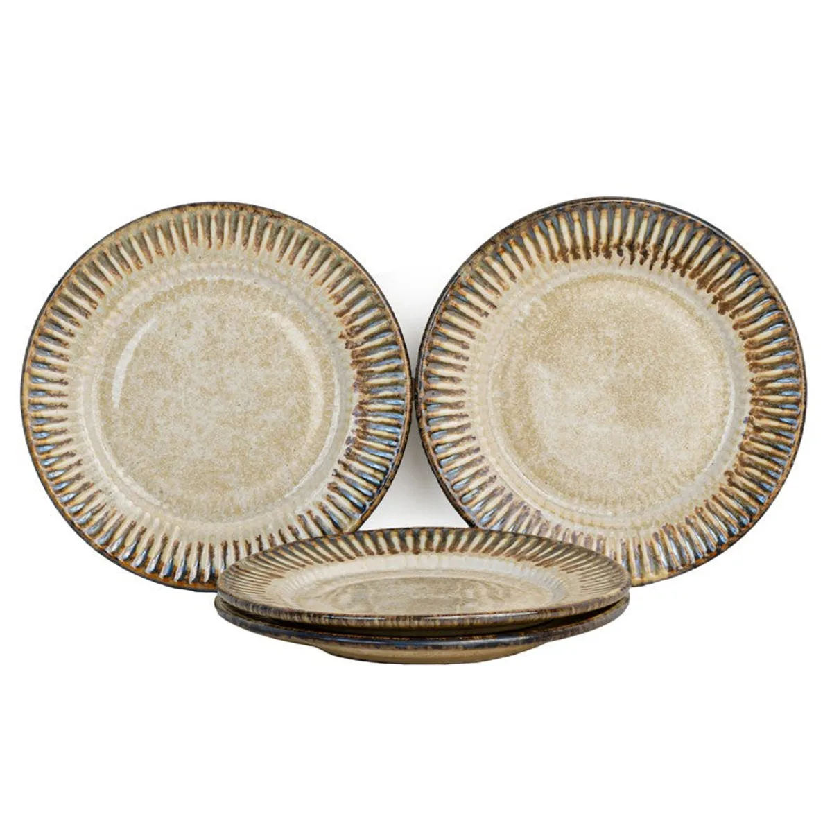 Four beige ceramic quarter plates stacked and displayed against a white background