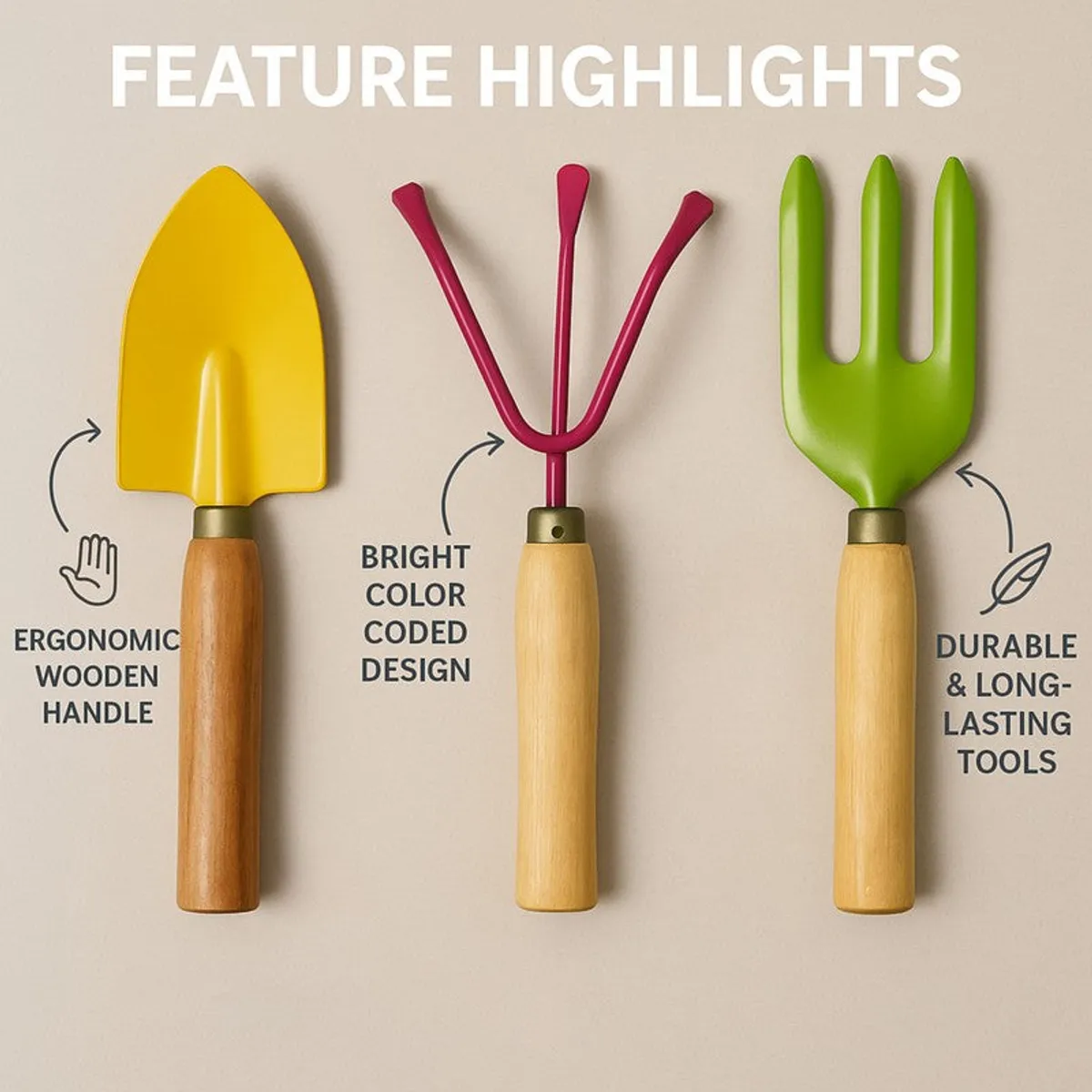 Three colourful garden tools displayed with wooden handles against a light background