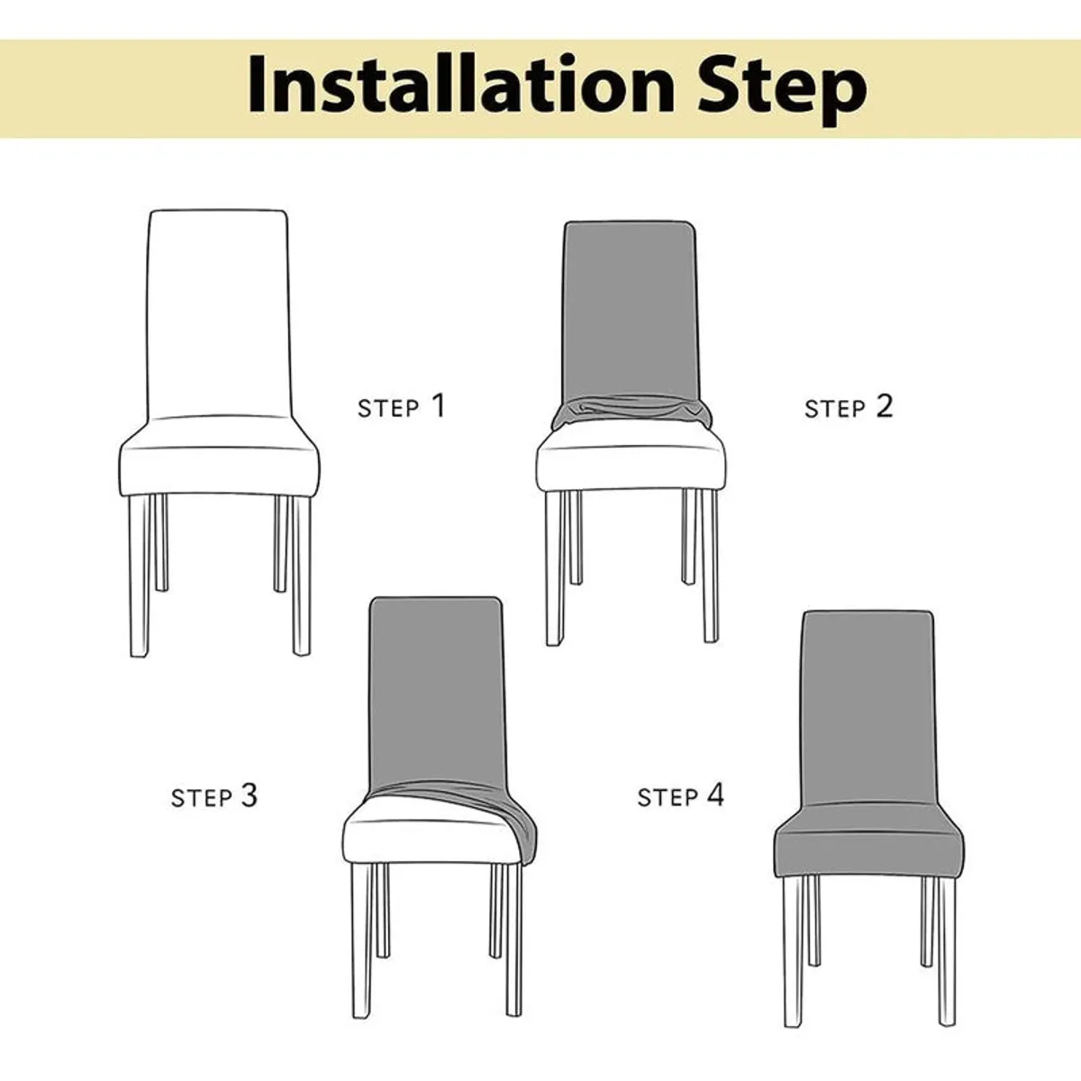 Illustrated four-step guide showing how to fit the cover onto a chair