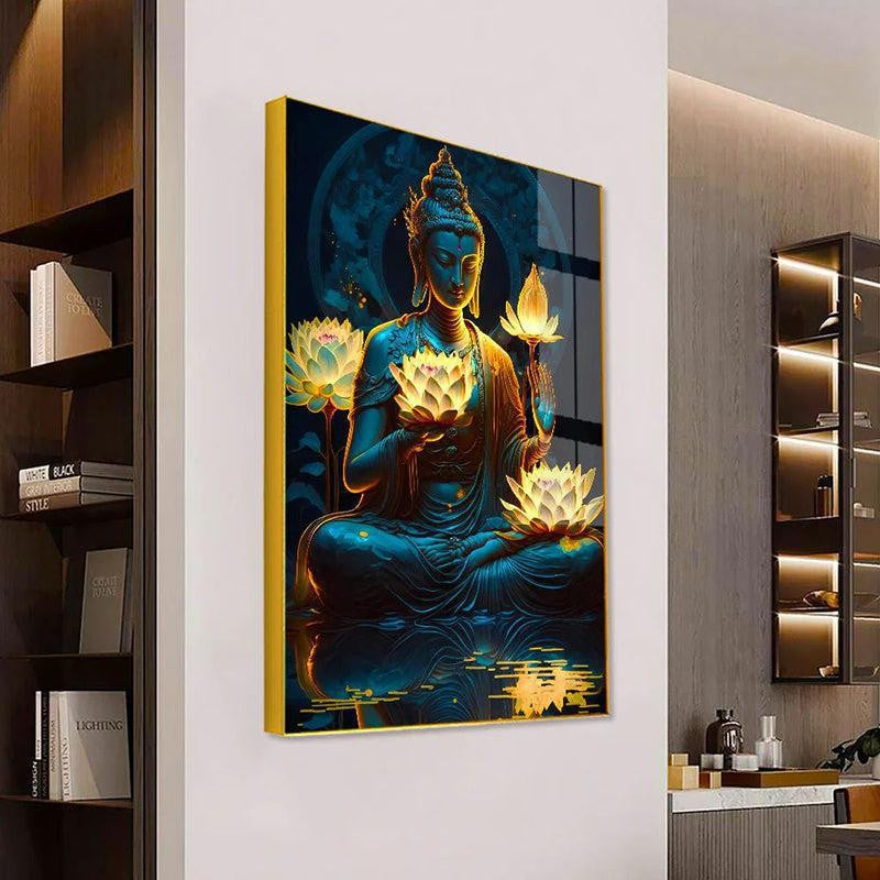Teal & Gold Buddha Spiritual Canvas Wall Art With Frame - Gold