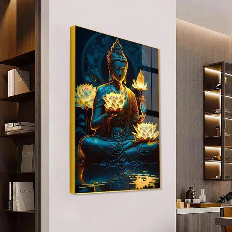 Teal & Gold Buddha Spiritual Canvas Wall Art With Frame - Gold media 1