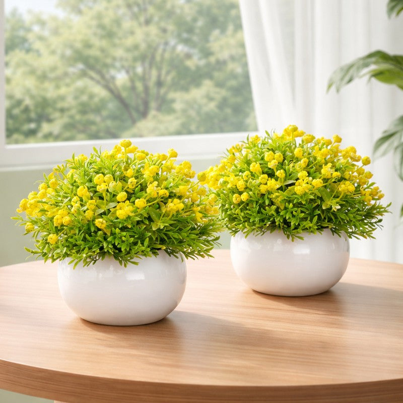 Petalvine Artificial Rose Flower Plant With Pot (Yellow,14CM) - Set Of Two